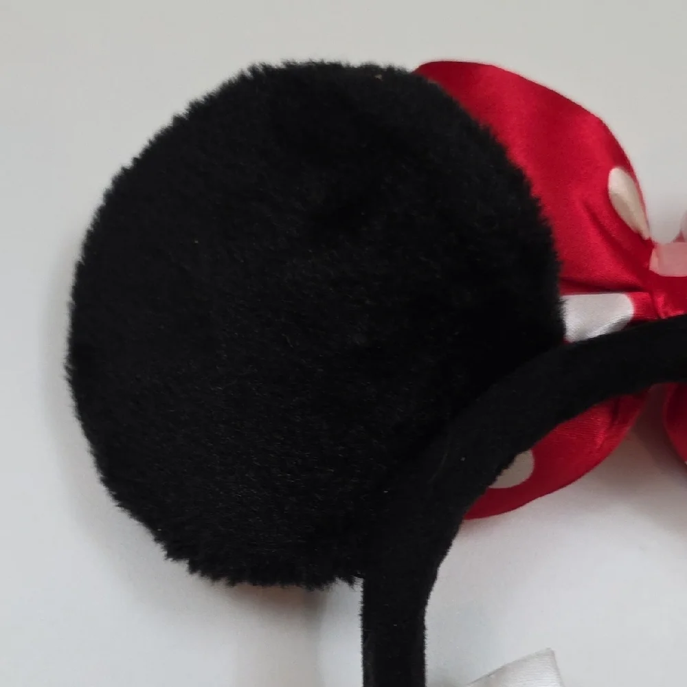 Disney Parks Minnie Mouse Ears - Fuzzy Black With Puffy Red Satin Bow Headband
